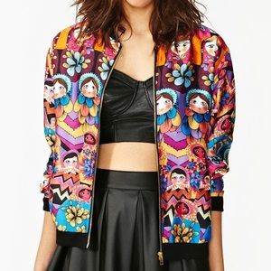Silky bomber jacket with babushka doll print